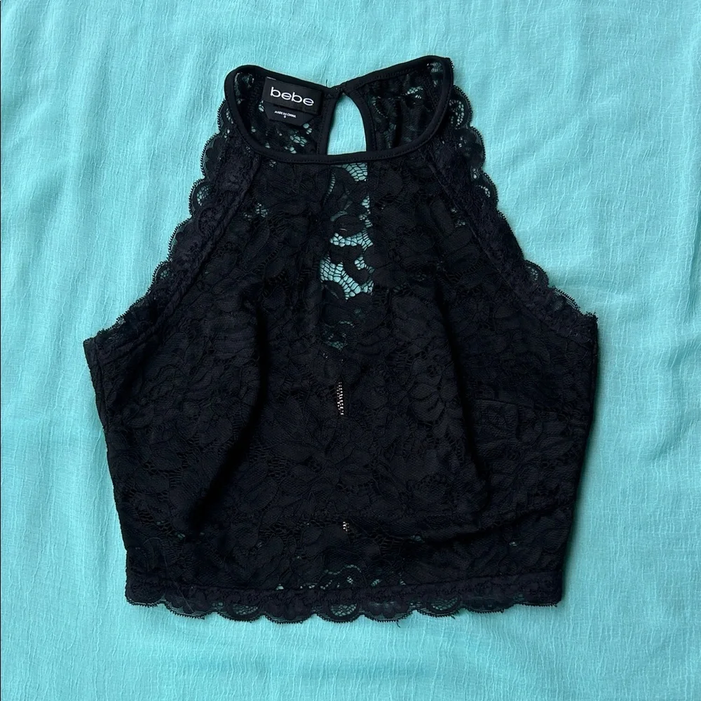 Bebe Black Lace Halter Crop Top - Picture 3 of 4
